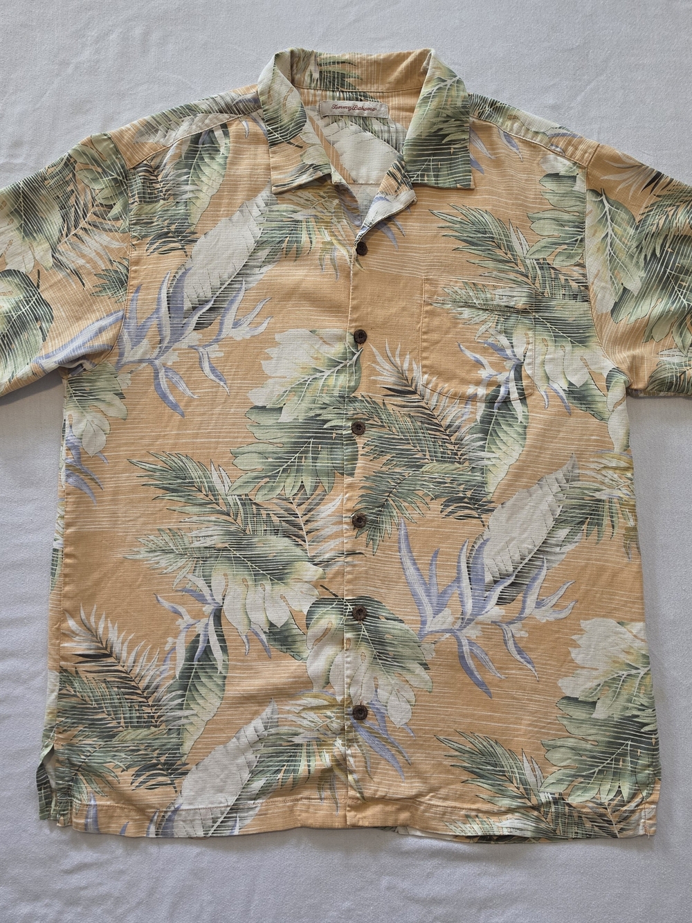Tommy Bahama Men's Large 100% Silk Hawaiian Camp Shirt Tan Tropical Palm Leaf